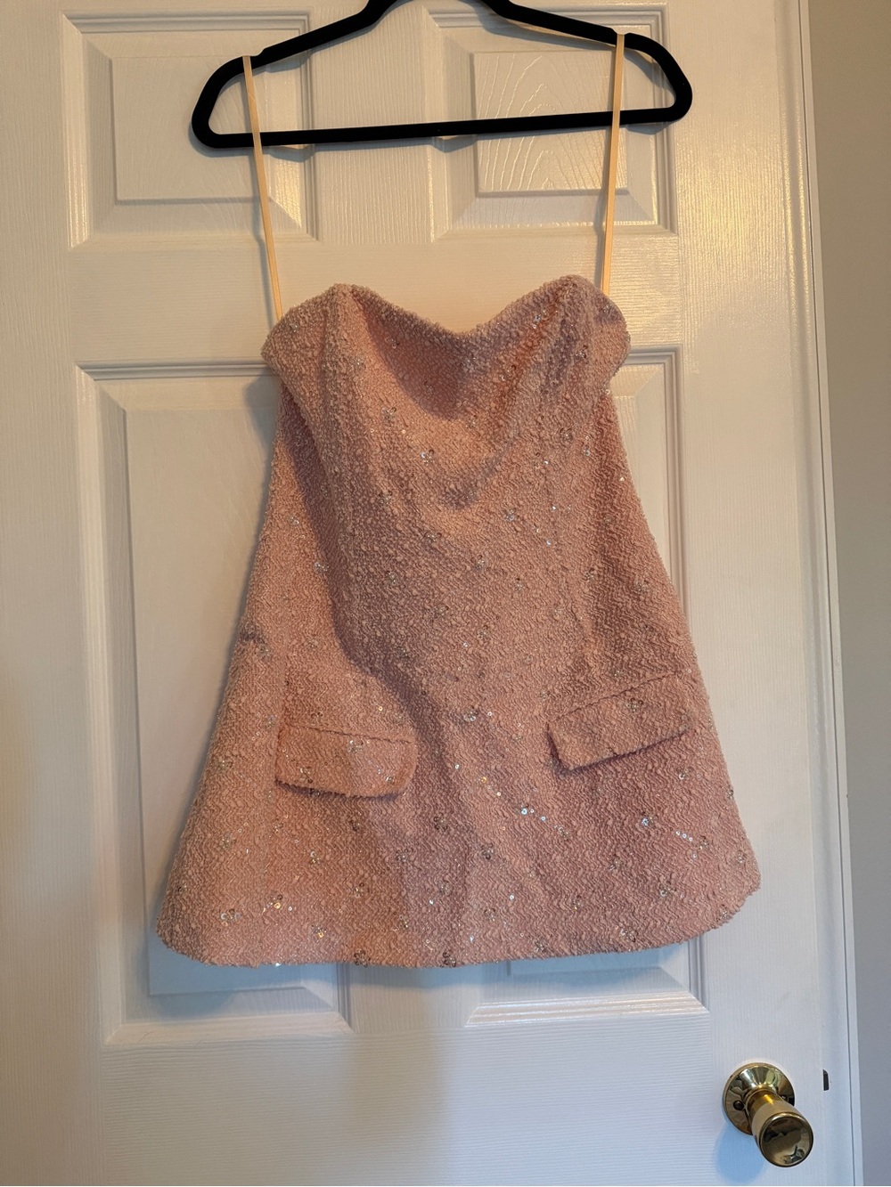Hello Molly Blush Pink Sequin Bouclé Strapless Mini Dress